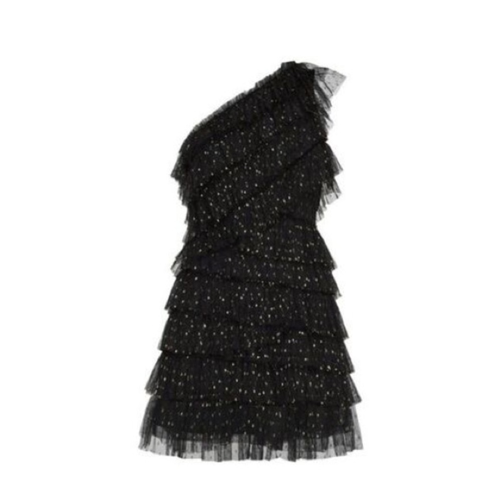 BCBGMaxAzria One Shoulder Metallic Lace Party Dress Black Golden